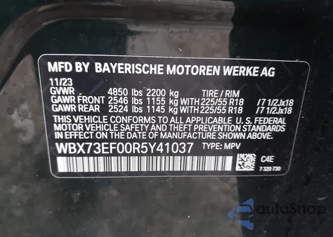 2024 BMW X1 xDrive28I из США, поврежденный, VIN WBX73EF00R5Y41037